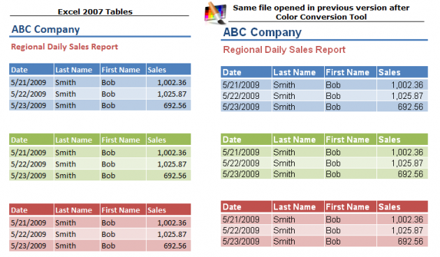 Excel 2007 Table Colors Converted with Tool