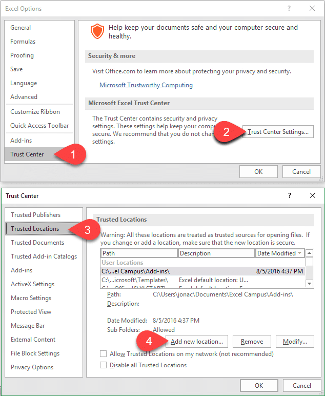 Add New Trusted Location Folder in Excel