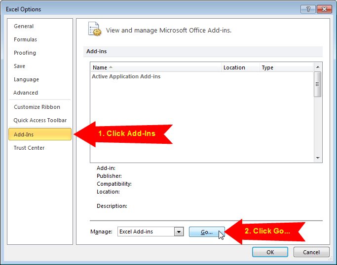 Excel Options Add-Ins Menu