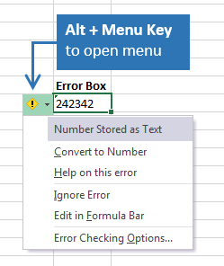 Alt Menu Key Shortcut to Open Excel Error Box