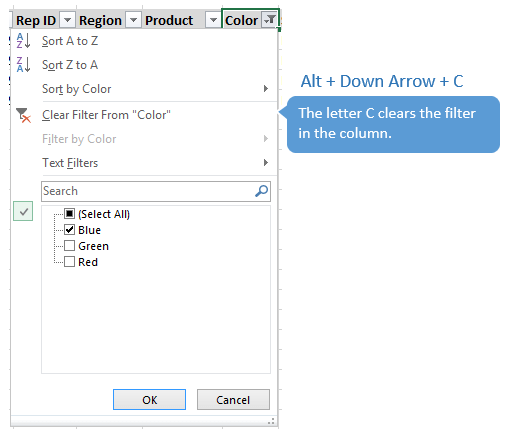 Alt+Down Arrow+C Clear Filter in Drop Down Menu Excel