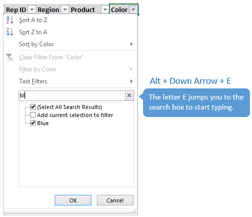 Alt+Down Arrow+E Filter Search Drop Down Menu Excel
