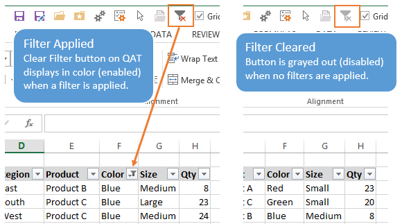 Clear Filter Button Quick Access Toolbar QAT Filter Applied or Cleared