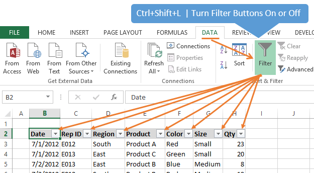 Ctrl+Shift+L Excel Turn Filters On Off