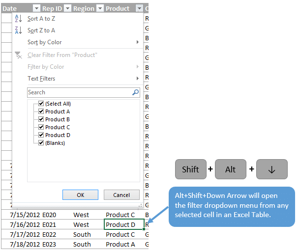 Open Filter Drop-down Menu from Table Cell -Shift-Alt-Down Arrow