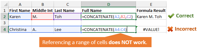 Concatenate Individual vs Range of Cells Formula Error Comparison