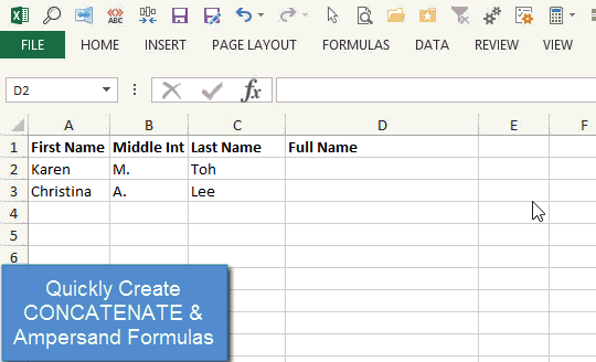 Create CONCATENATE and AMPERSAND Formulas in Excel GIF