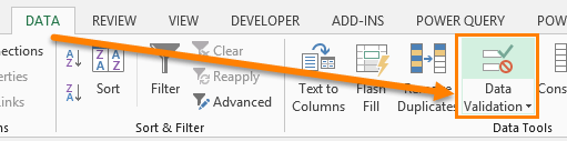 Data Validation Button on Data Tab of Excel Ribbon