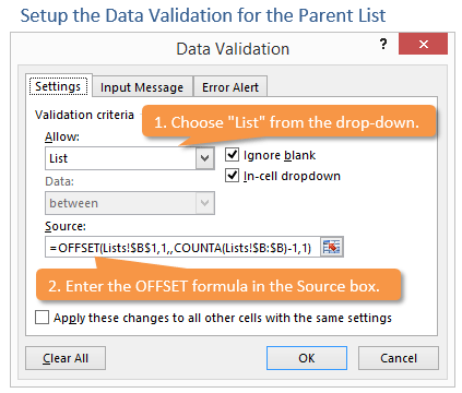 Setup Data Validation for the Parent List in Excel