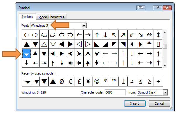 Wingdings 3 Symbols Chart