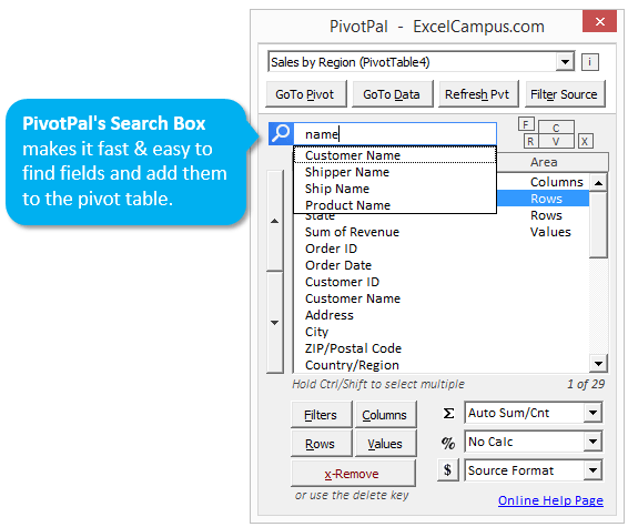 PivotPal Search Box Find Fields and Add to Pivot Table