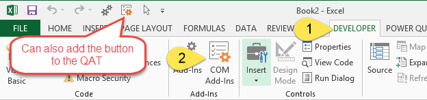 COM Add-ins Button on the Developer Tab of the Excel Ribbon