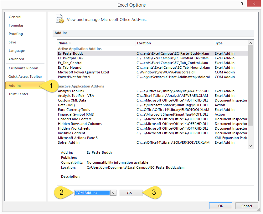 Excel 2010 Options Menu for COM Add-ins