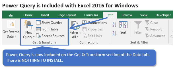 Power Query in Excel 2016 for Windows Data Tab of Ribbon Get and Transform