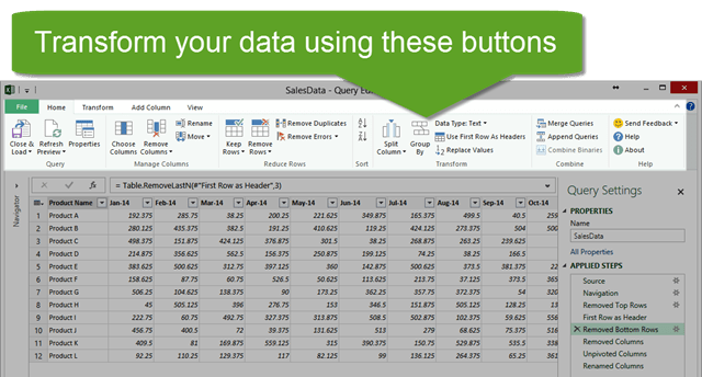 Scheda iniziale della finestra Power Query Editor Trasforma i dati con i pulsanti