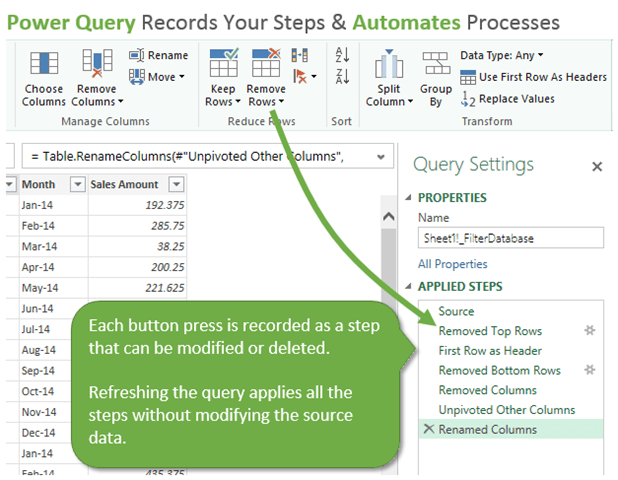 Power Query registra i passi applicati e automatizza i processi