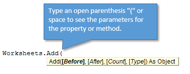 VBA Arguments or Parameters of a Property or Method