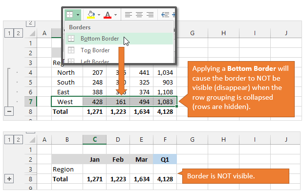 Cell Borders Not Visible (Disappear) When Applied to Hidden Rows Columns in Excel