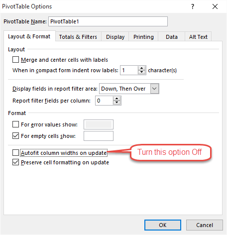 Pivot Table Options Autofit Column Widths