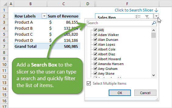 Add a Search Box to the Slicer to Filter it Quickly