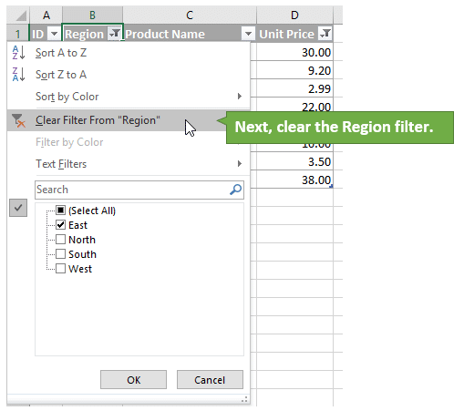 Clear the Region Filter from the Column that was Filtered First