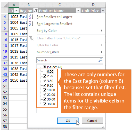 Filter Drop Down Item List Only Contains Numbers for the Visible Cells