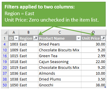 Filters Applied to Two Columns for Region and Unit Price