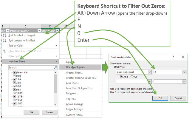 Keyboard Shortcut to Filter Out or Exclude Zeros in Excel Filter Drop Down