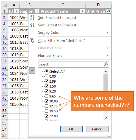 Other Numbers Unchecked Besides Zero in Filter Drop-down Item List