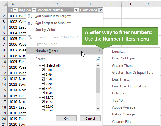 Use the Number Filters Menu to Filter Numbers - The Safer Way