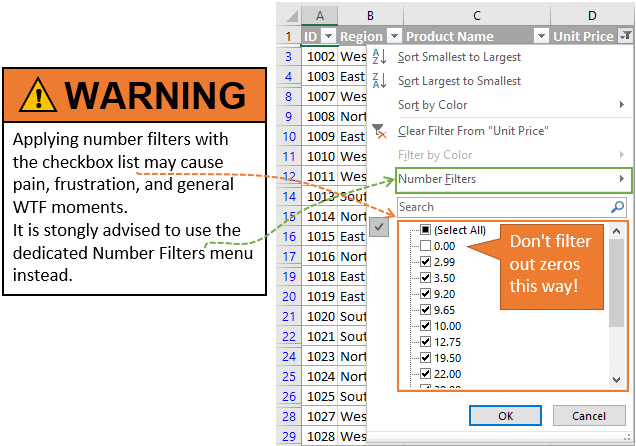 Warning - Do Not Use the Filter List Checkboxes to Filter Numbers in Excel