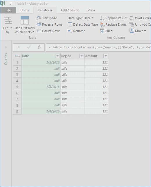 Power Query Fill Down Blank or Null Cells with Values