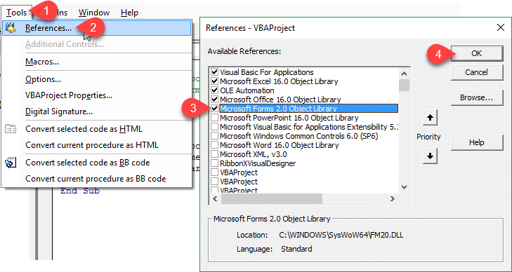 Reference Forms 2.0 Object Library in VB Editor