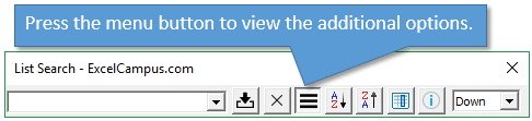 List Search Add-in Menu Button Options