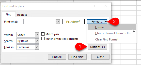 Find Cell Formatting in Excel with Find Window Ctrl F