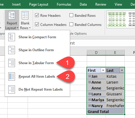 Pivot Table Compact Form Layout Repeat Item Labels