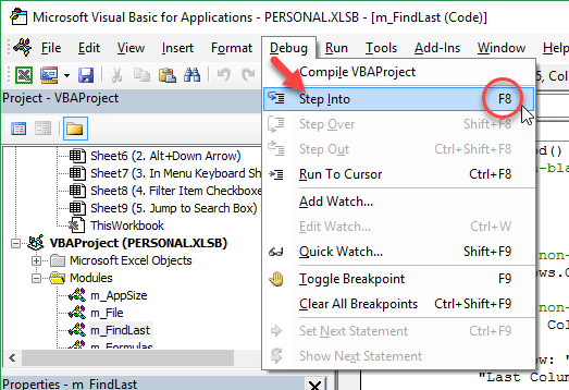 VB Editor Step Into - F8 Command - Debug Menu