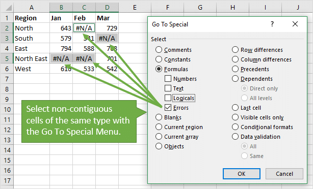 Select Non-Contiguous Cells of the Same Type with the Go To Special Menu