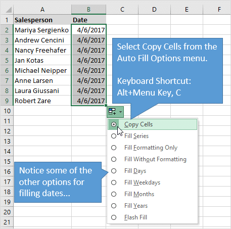 Menu d'Options de Remplissage Automatique pour Copier des Cellules pour les Dates