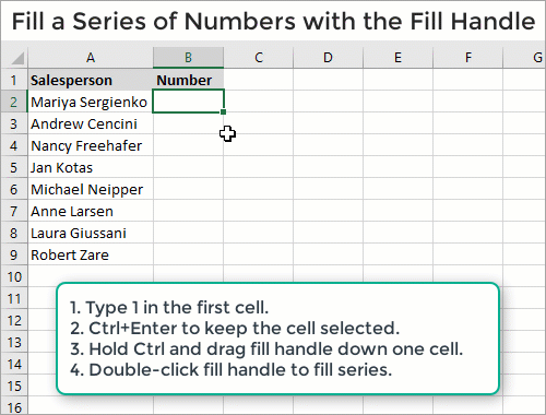 Créez une série de nombres avec la poignée de remplissage et la touche Ctrl