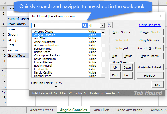 Tab Hound Zoek en navigeer snel naar een werkblad in de werkmap