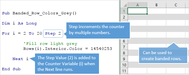 For Next Loop Step Counter Banded Rows Example Excel VBA