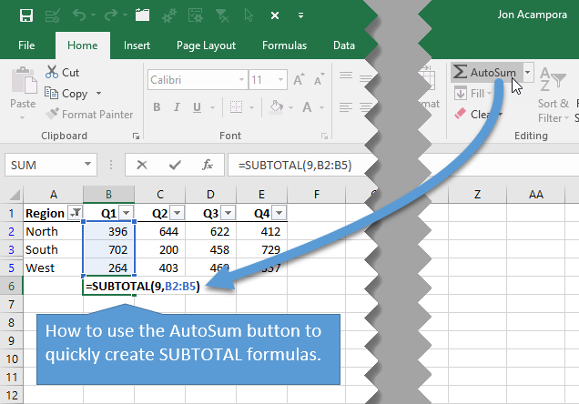 Use AutoSum to Create SUBTOTAL Formulas in Excel