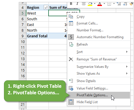 change grandtotal layout on pivot table in excel 2017