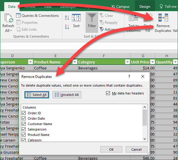 Excel Remove Duplicates Feature