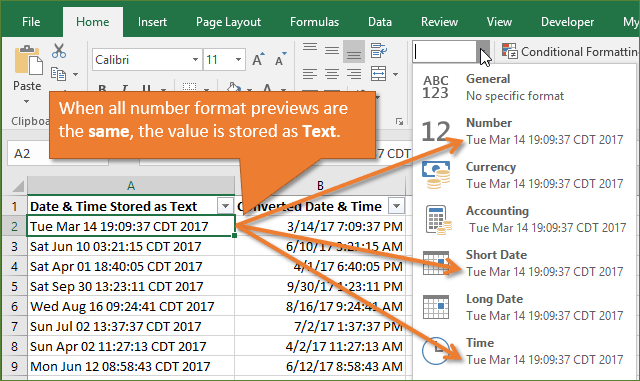 Number Format Drop-down Preview Same Date Stored as Text