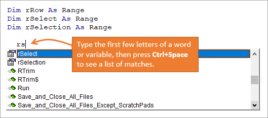 Ctrl + Space để tự động hoàn thành các từ với Intellisense trong VBA