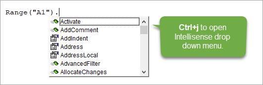 Ctrl + j để mở Intellisense Drop Down Menu trong VBA