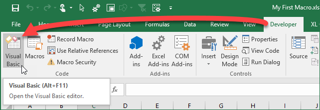 Developer Tab in Excel 2016 with Visual Basic Button to Open VB Editor