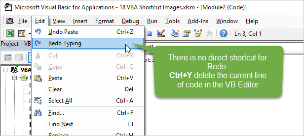 No Direct Keyboard Shortcut in VB Editor for Redo - Ctrl+Y Deletes Line